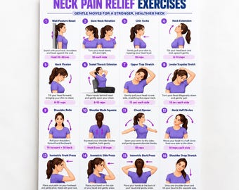Puede incluir: Un póster instructivo blanco titulado Neck Pain Relief Exercises que presenta dieciséis ilustraciones numeradas de una persona con camisa morada demostrando varios estiramientos y movimientos con instrucciones de texto.