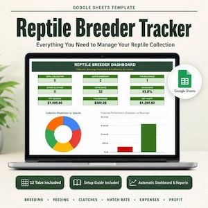 Google Sheets-tracker voor reptielenfokkers | Collectie, fokken, legsellogboek, voedingswaarschuwingen, uitkomstpercentage, kosten en morfologische genetica