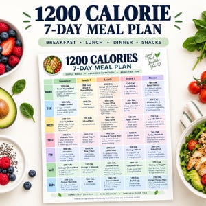 May include: A printed 1200 calorie 7-day meal plan chart featuring a grid layout with daily breakfast, lunch, dinner, and snack options. The document includes specific food items and calorie counts for each meal, organized by day of the week.