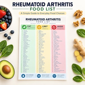 Rheumatoid Arthritis Food List Printable, RA Diet Chart, Anti Inflammatory Grocery Guide, Joint Support Foods Eat Limit Avoid PDF