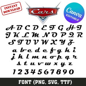 Può includere: Un set di caratteri digitali con il logo del film Cars in alto, con lettere maiuscole e minuscole e numeri da 0 a 9 in un carattere tipografico nero stilizzato. L'immagine include le etichette di testo INSTANT DOWNLOAD e CANVA EDITABLE.