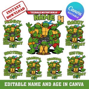 May include: A digital graphic featuring Teenage Mutant Ninja Turtles characters with text labels for family members including Mommy, Daddy, Brother, Sister, Grandpa, and Grandma of the Birthday Boy, plus an editable name and age number 4.