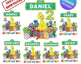 Street-themed birthday design with friendly monsters for a boy or girl, template with editable text and age (editable in Canva).