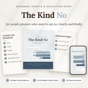 Può includere: Una guida digitale intitolata The Kind No per chi desidera stabilire dei confini, con 24 situazioni reali, pagine di riflessione e schede di script stampabili, inclusi esempi di messaggi di testo e la visualizzazione su uno schermo di smartphone.
