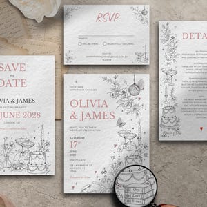 Op de afbeelding: Een set trouwkaarten inclusief een Save the Date, RSVP-kaart en detailkaart, allemaal voorzien van zwarte lijntekeningen van discoballen, taarten en bloemen met roze tekst. Een vergrootglas is over de uitnodiging geplaatst.