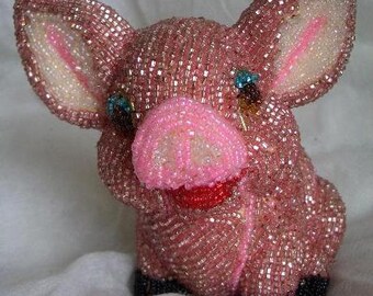 PINKY" 50's PINK Piggy Bank..!   Dressed In Seed "Billion Beads" Couture. !