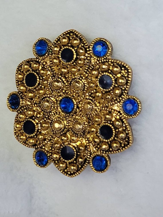 Ornate Gold Blue Black Stone Brooch - image 1