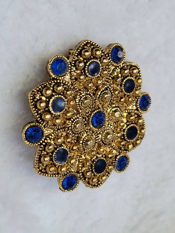 Ornate Gold Blue Black Stone Brooch - image 5