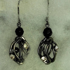 Vintage Black Silver Rhinestone Drop Earrings