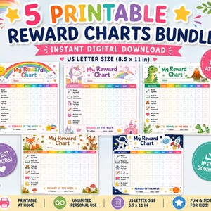 Op de afbeelding: Een bundel van 5 printbare beloningskaarten voor kinderen, elk 21,59 bij 27,94 cm. De kaarten bevatten kleurrijke thema's zoals een regenboog, een eenhoorn, een dinosaurus, bosdieren en de ruimte, met roosters voor het bijhouden van activiteiten.
