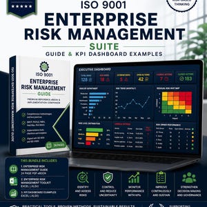 Può includere: Una suite di gestione del rischio aziendale ISO 9001 che include una guida PDF di 24 pagine ed esempi di dashboard KPI in Excel. Lo schermo digitale mostra una dashboard esecutiva con tendenze di rischio, mappe di calore e metriche.