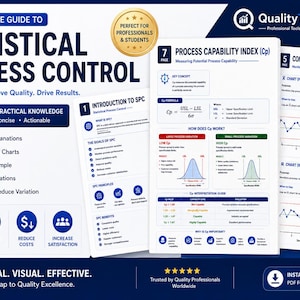 May include: A digital guide titled The Complete Guide to Statistical Process Control by QualityToolkitPro. The document features 17 pages of content, including process capability index formulas, control charts, and explanations of SPC principles.