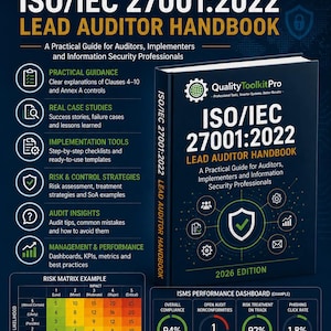 以下が含まれることがあります： QualityToolkitPro ISO/IEC 27001:2022 Lead Auditor Handbook 2026 Editionは、盾のアイコン、リスクマトリックス、ISMSパフォーマンスダッシュボードが記載された濃紺の書籍です。実践的なガイダンス、ケーススタディ、テンプレートが含まれています。