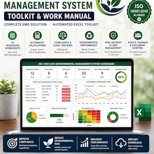 May include: A digital dashboard for an ISO 14001:2015 Environmental Management System displayed on a laptop screen. The interface features charts, graphs, and metrics tracking significant aspects, risks, and compliance status for environmental performance.