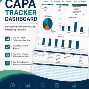 May include: An Excel template for a CAPA Tracker Dashboard featuring a white background with dark green and blue accents. It displays data tables, a pie chart, and bar graphs for monitoring corrective and preventive actions, root causes, and performance.