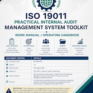 Op de afbeelding: Een wit en donkerblauw informatiedocument getiteld Quality Toolkit Pro ISO 19011 Practical Internal Audit Management System Toolkit. Het bevat een centraal wereldbolpictogram, een tabel met documentdetails en iconen voor auditprocessen.