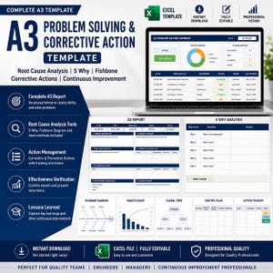May include: A digital A3 problem solving and corrective action template for Excel. The layout includes a laptop displaying a dashboard, a structured A3 report form, a 5 why analysis table, and charts for fishbone, pareto, and causal tree analysis.