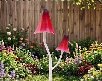 Tuteurs de jardin en fer peint à double tête en forme de champignon, multicolores (rouge, bleu, jaune), pour les espaces ensoleillés de votre jardin.