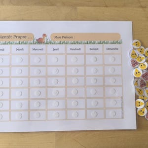 Puede incluir: Una tabla rectangular blanca titulada Bientôt Propre con una cuadrícula para los siete días de la semana, una ilustración de un pato y un espacio para un nombre. Junto a la tabla hay numerosas pegatinas circulares pequeñas que representan gotas de agua amarillas y emojis de caca marrones.