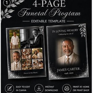 Noir Silver Legacy Funeral Program Template, Editable Canva Memorial Program, 4 Page Bifold, A4 & US Letter, Celebration of Life