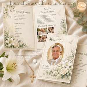Christian Funeral Program Template, Editable Canva Memorial, Celebration of Life Bifold (Instant Download)