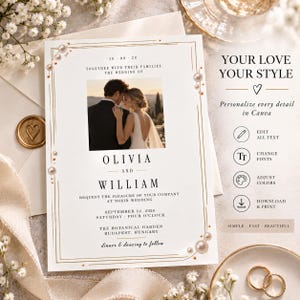Puede incluir: Una tarjeta de invitación de boda con una foto central de una pareja, bordes dorados y detalles de perlas. El texto dice Olivia and William, September 12, 2026, The Botanical Garden, Budapest, Hungary, y dinner and dancing to follow.