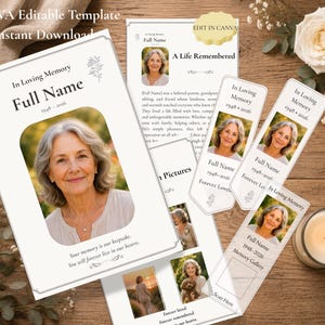Editable Funeral Bundle Canva Template | Memorial Program, Celebration of Life, Prayer Card, Bookmark, QR Memory Card
