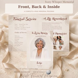 May include: A four-page memorial programme template titled Ivory Whisper Memorial. The design features a neutral beige colour palette with soft abstract shapes. It includes sections for Funeral Service, A Life Remembered, and a photo of a person.