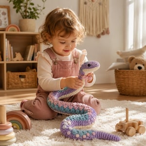 Puede incluir: Un juguete de serpiente tejido a ganchillo con un patrón texturizado en tonos morado, azul claro y crema. La serpiente tiene una cabeza redondeada con ojos oscuros y un pequeño lazo rosa claro atado al cuello, con un cuerpo sinuoso sobre el suelo.