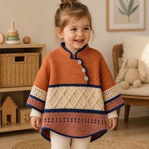 May include: A long-sleeve crochet tunic featuring a color-blocked design in rust orange, cream, and navy blue. The garment has a mandarin collar, three small floral-patterned buttons along the side, a diamond-textured midsection, and a scalloped hem.