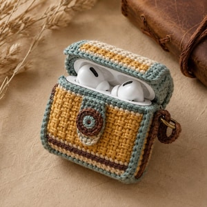 May include: A crochet protective case for wireless earbuds featuring a textured weave pattern in mustard yellow, sage green, and dark brown. The case includes a flap closure secured with a circular button and a small metal ring on the side.