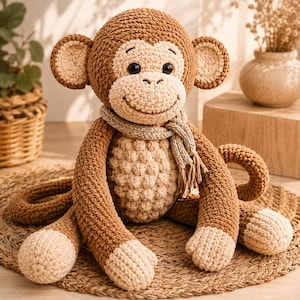 May include: A crocheted monkey stuffed animal featuring a brown body, a cream-colored face, hands, feet, and belly, with a textured surface. The monkey wears a light brown knitted scarf around its neck and has black plastic eyes and a stitched smile.