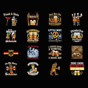 Peut inclure: Une collection de seize motifs graphiques sur le thème de l'Oktoberfest, incluant des illustrations de chopes de bière, bretzels, saucisses, squelettes et un chat, avec des textes comme Frank & Stein, Just Here For Schitzengiggles et Zicke Zacke.
