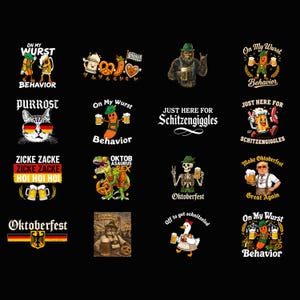 Könnte beinhalten: Eine Sammlung von sechzehn Oktoberfest-Grafikdesigns auf schwarzem Hintergrund, mit Illustrationen von Würstchen, Bierkrügen, Brezeln, einer Katze, einem Dinosaurier, einem Skelett, einer Gans und einem Yeti sowie verschiedenen humorvollen Texten.