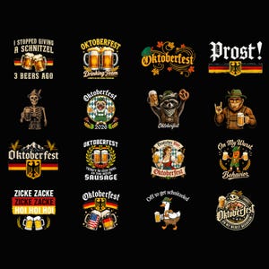 Peut inclure: Une collection de seize motifs graphiques sur le thème de l'Oktoberfest avec des chopes de bière, des bretzels, des drapeaux allemands, des squelettes, des animaux et du texte comme Prost, Drinking Team et Zicke Zacke sur fond noir.