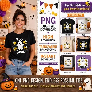 May include: A digital graphic design file featuring a white ghost surrounded by yellow and black bees with the text Boo Bees. The design is displayed on a black t-shirt, a white mug, a tote bag, a pillow, wall art, and a sticker for craft projects.