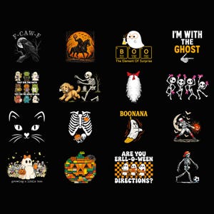 May include: A collection of sixteen Halloween-themed graphic designs featuring illustrations of a crow, a headless horseman, a ghost with periodic table elements, skeletons, a cat face, a rib cage, a banana ghost, and pumpkins on a black background.