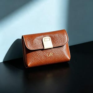 May include: A brown textured wallet with a flap closure featuring a cream-colored tab and the gold embossed letters GR on the front. The wallet has a pebbled surface texture and a structured rectangular shape with rounded corners.