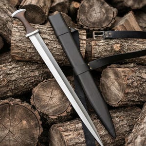 Handmade High Carbon Steel Medieval Short Sword with Leather Scabbard, Viking Replica Collector Piece
