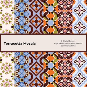 Terracotta Mosaic Digital Paper Pack • Moroccan Tile Boho Patterns • 6 PNG Backgrounds, Seamless Printable Paper • Commercial Use