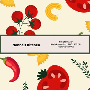 Italian Pasta Digital Paper • Tomato Chili Seamless Pattern • PNG Kitchen Background, Tileable Food Print • Commercial Use