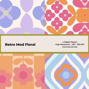 Puede incluir: Un conjunto de cuatro papeles digitales con patrones florales en lavanda, azul, naranja y rosa. El texto central dice: Retro Mod Floral, 4 Digital Papers, High Resolution, JPG, 300 DPI, Commercial Use. Los diseños incluyen motivos florales geométricos.