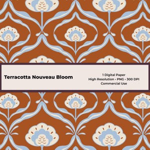Puede incluir: Un patrón de papel digital con un motivo floral repetitivo en azul claro y crema sobre un fondo terracota. Una banda horizontal central muestra el texto: Terracotta Nouveau Bloom, 1 Digital Paper, High Resolution, PNG, 300 DPI, Commercial Use.