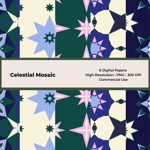 Celestial Mosaic Digital Paper Pack • Moroccan Star Tile Patterns • 6 PNG Backgrounds, Boho Geometric Printable Paper • Commercial Use