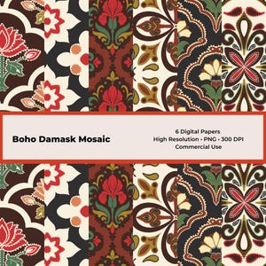 Puede incluir: Una colección de seis papeles digitales con patrones de damasco y flores en rojo, marrón oscuro, crema y verde. La imagen incluye el texto Boho Damask Mosaic, 6 Digital Papers, High Resolution, PNG, 300 DPI y Commercial Use.