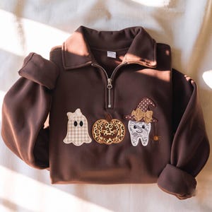 Felpa con cerniera a un quarto e ricamo a tema denti spettrali, felpa con denti di leopardo, felpa con denti di Halloween, regalo a tema dentisti