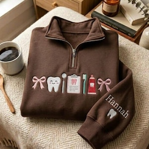 Embroidered Custom Dentist Quarter Zip Sweatshirt, Dental Sweatshirt, Dental Hygienist Crewneck, Tooth Sweatshirt