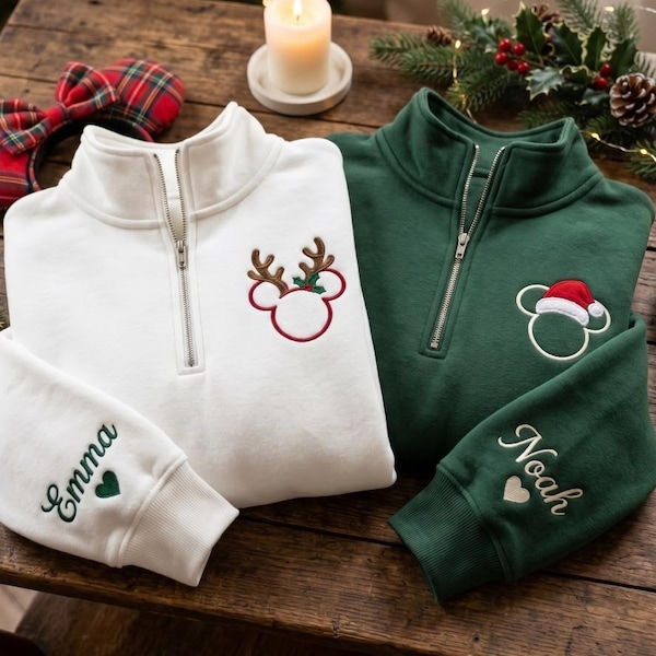 Sudadera navideña bordada de Mickey y Minnie con cremallera hasta el cuarto, sudadera para parejas de Disneyland, sudadera con luces navideñas, camiseta navideña de Disney.