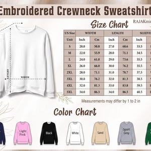 May include: A white crewneck sweatshirt displayed next to a size chart with measurements in inches and centimeters, and a color chart showing seven available sweatshirt colors: navy, light pink, black, white, sand, sport grey, and forest green.