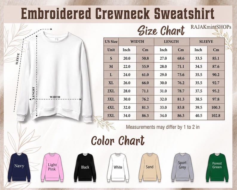 May include: A white crewneck sweatshirt displayed next to a size chart with measurements in inches and centimeters, and a color chart showing seven available sweatshirt colors: navy, light pink, black, white, sand, sport grey, and forest green.